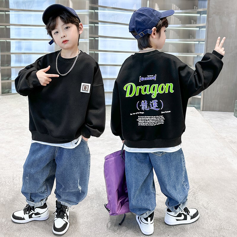 Children'S Stylish Round-Neck Pure Cotton Sweatshirt, 2025 Fleece-Lined Loose And Versatile Trendy Top For Older Kids - Image 4