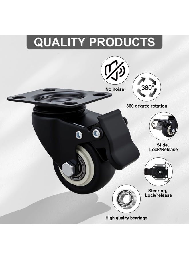 Htudcoue 2" Caster Wheels Set of 16 Heavy Duty Casters,with Brake,No Noise Locking Polyurethane (PU) Wheels, for Furniture and Workbench Load 800lbs - Image 3