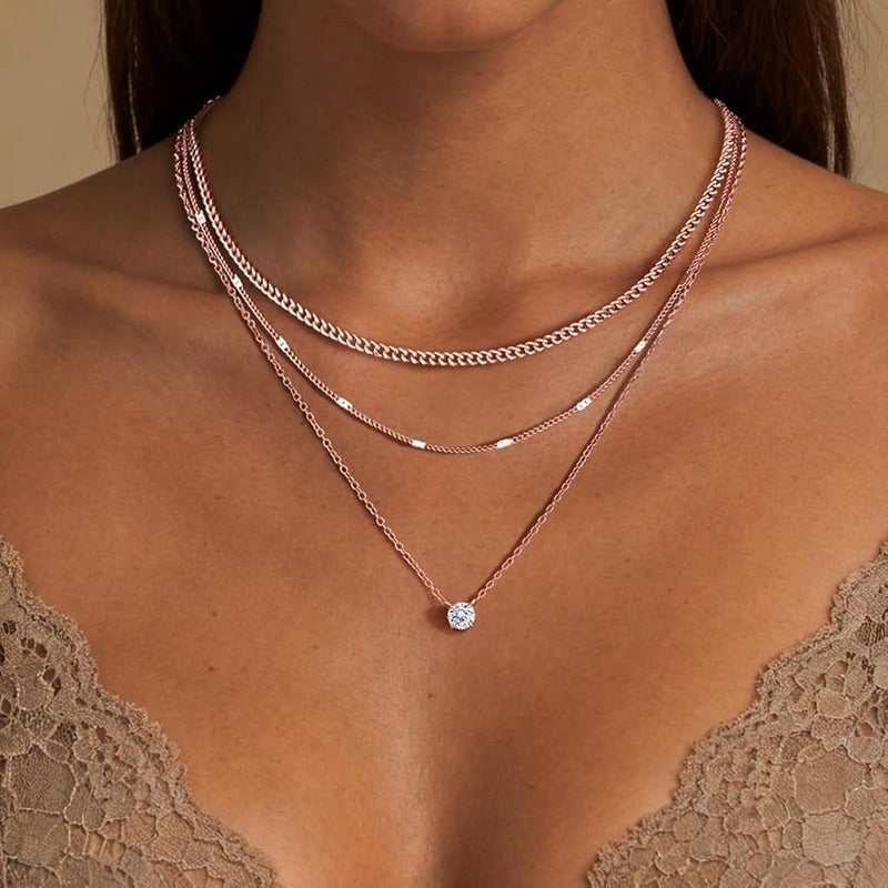 WomenGifts Layered Gold Necklaces for Women, 14K Gold Sterling Silver Plated Dainty Pendant Necklace Set Non Tarnish, Chunky Stackable Cuban Chain Choker, Trendy Personalized Birthstone Jewelry Gift - Image 3