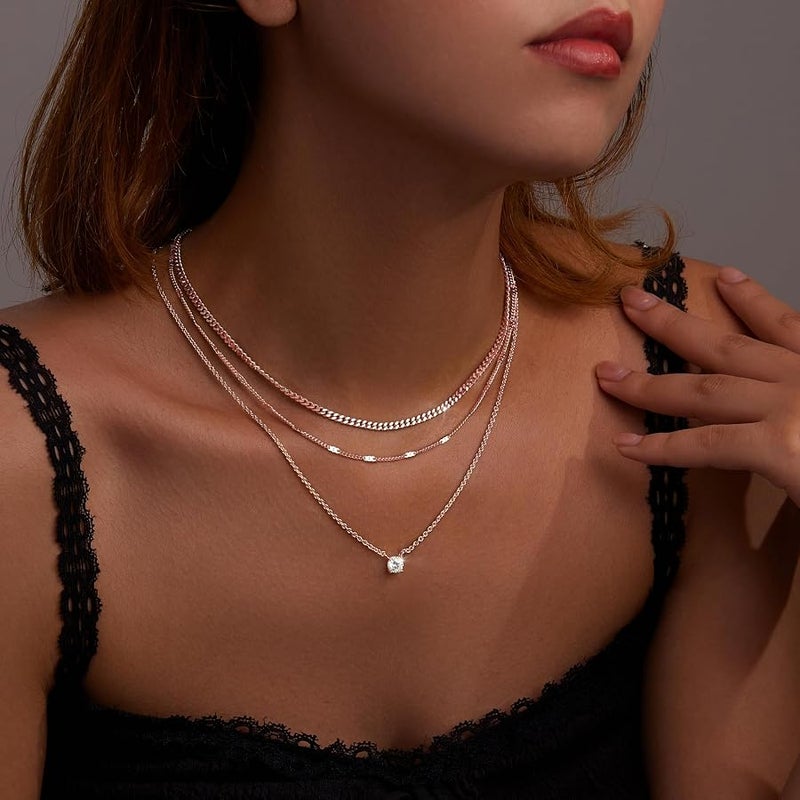 WomenGifts Layered Gold Necklaces for Women, 14K Gold Sterling Silver Plated Dainty Pendant Necklace Set Non Tarnish, Chunky Stackable Cuban Chain Choker, Trendy Personalized Birthstone Jewelry Gift - Image 4