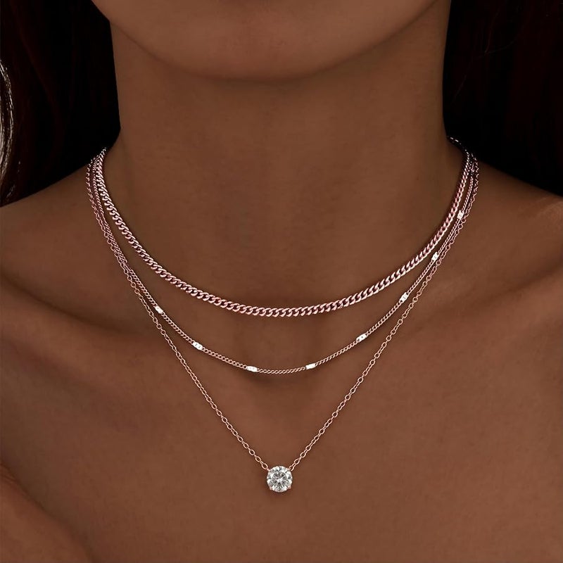 WomenGifts Layered Gold Necklaces for Women, 14K Gold Sterling Silver Plated Dainty Pendant Necklace Set Non Tarnish, Chunky Stackable Cuban Chain Choker, Trendy Personalized Birthstone Jewelry Gift - Image 2