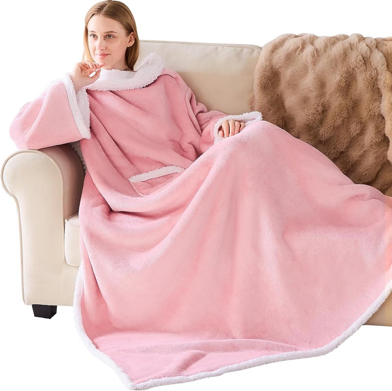 IFNOW Sherpa Wearable Blanket with Sleeves for Women Men Adults, Cozy Wearable Blanket with Arm and Pocket, Warm Full Body TV Wrap Throw Blanket, Soft Robe Blanket as Gifts for Mom Wife, Pink - Image 1