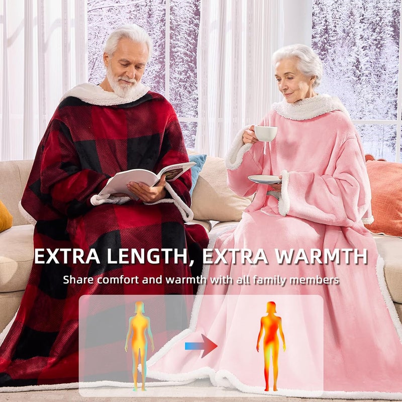 IFNOW Sherpa Wearable Blanket with Sleeves for Women Men Adults, Cozy Wearable Blanket with Arm and Pocket, Warm Full Body TV Wrap Throw Blanket, Soft Robe Blanket as Gifts for Mom Wife, Pink - Image 4