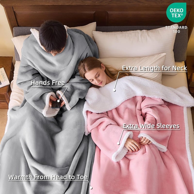 IFNOW Sherpa Wearable Blanket with Sleeves for Women Men Adults, Cozy Wearable Blanket with Arm and Pocket, Warm Full Body TV Wrap Throw Blanket, Soft Robe Blanket as Gifts for Mom Wife, Pink - Image 2