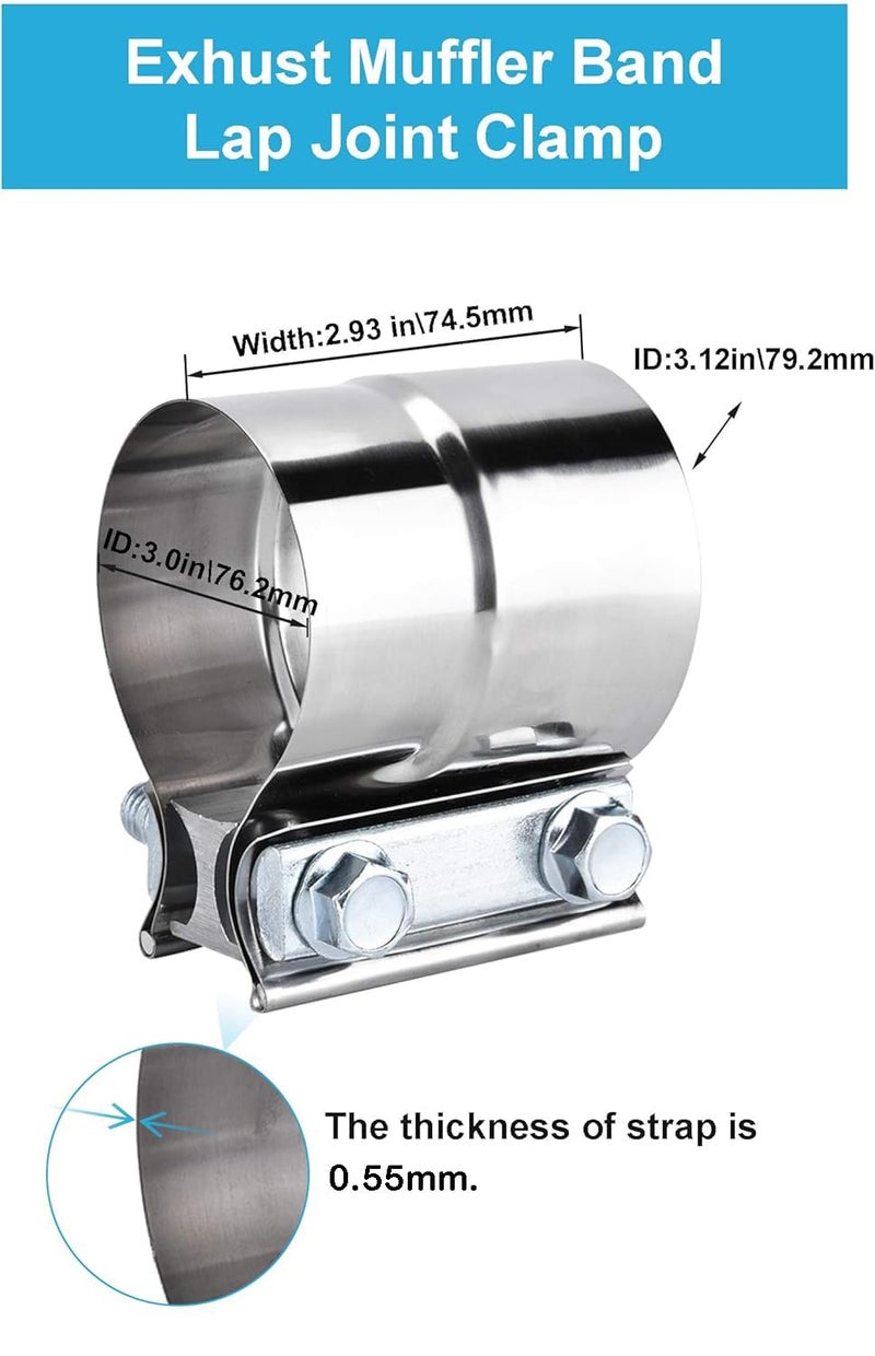 DecoHongDi 2.5 Inch Exhaust Clamps 2 Packs,2 1/2in Lap Joint Band Clamp 304 Stainless Steel for Muffler Pipe Repair,Catalytic Converters - Image 5