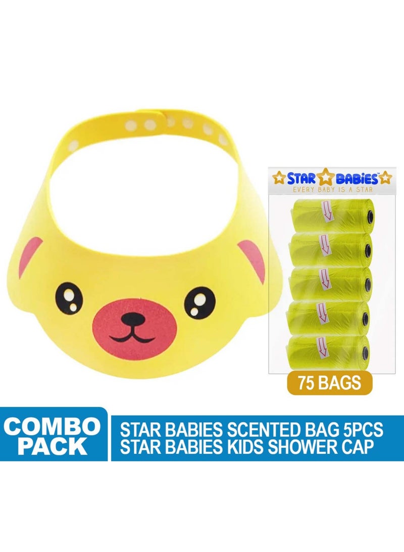 STAR BABiES Combo Pack - Disposable Scented Bag 5Pcs 75Bags, Shower Cap -  Yellow - Image 2