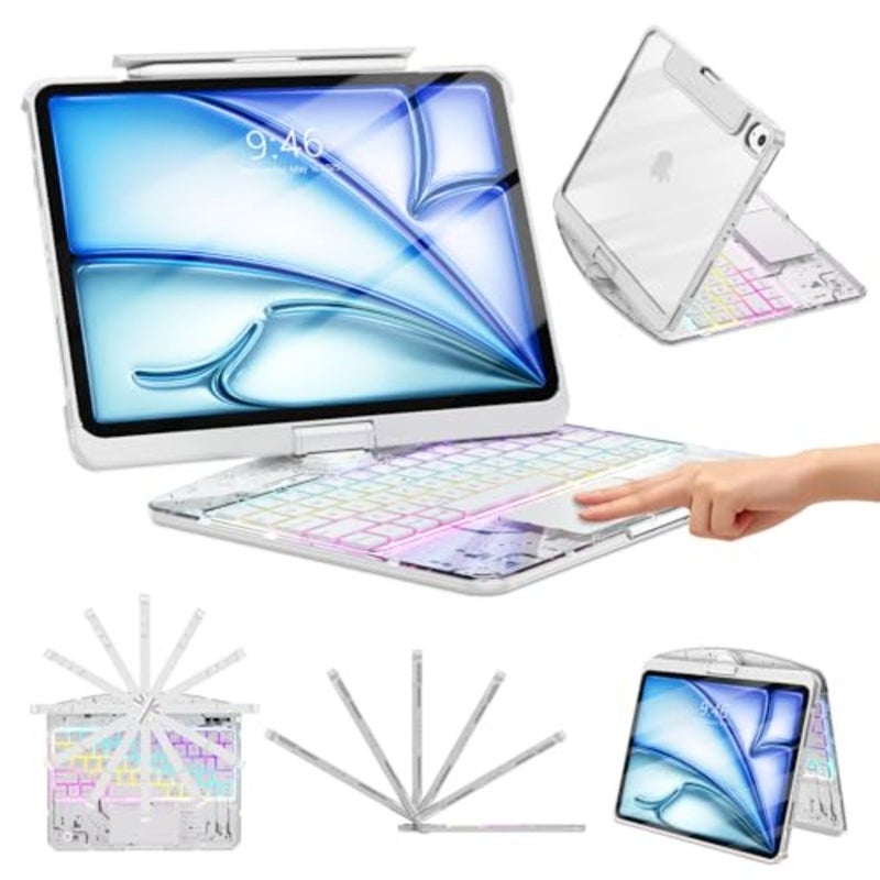 Clear Keyboard Case for M3/M2 2025/2024 iPad Air 5th/4th Gen 10.9 2022 2020 iPad (2018-2022) with Trackpad, 7-Color Backlit, Rotatable Design Pencil Holder, White - Image 1