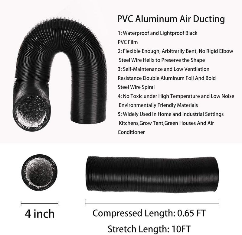 YIJUHOU 4Inch 10FT Long Flexible Aluminum Air Ducting, Heavy-Duty Black 4 Layer Dryer Vent Hose, Dryer Duct for HVAC Ventilation,duct fan systems, 2 Stainless Steel Clamps Include - Image 2