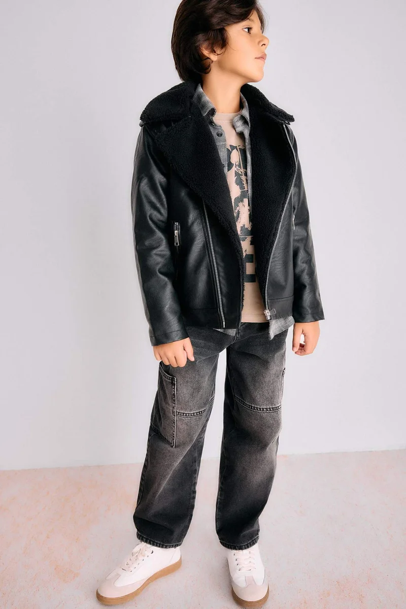 ديفاكتو Boy Zip-Up Water Repellent Plush Lined Faux Leather Jacket