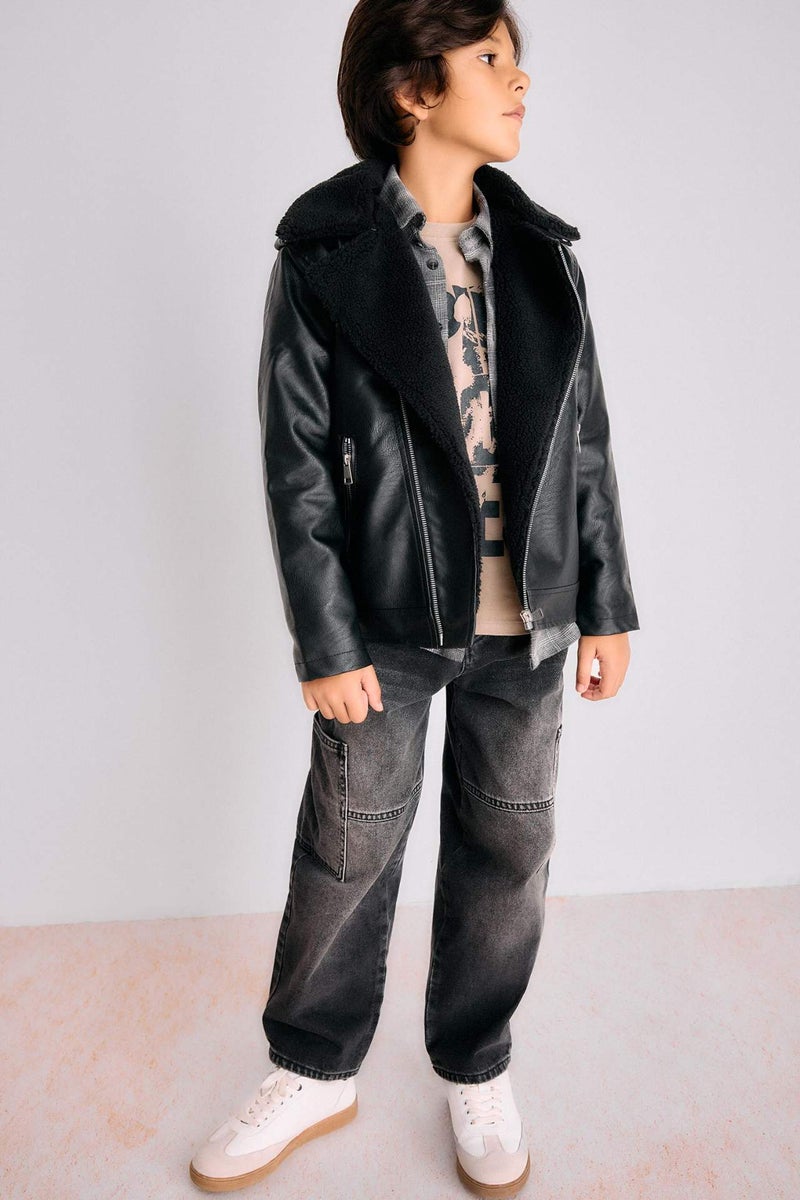 DeFacto Boy Zip-Up Water Repellent Plush Lined Faux Leather Jacket - Image 2