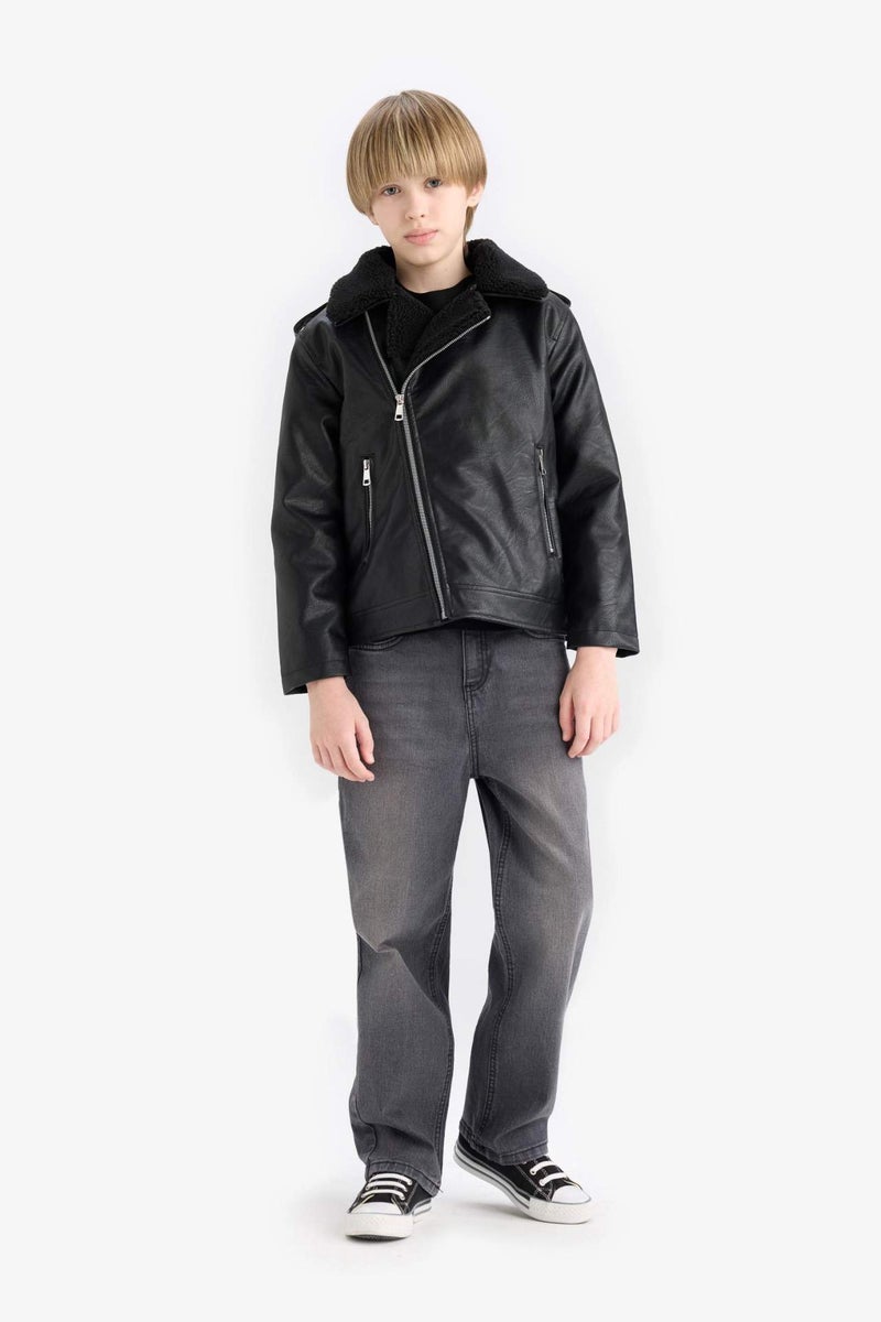 DeFacto Boy Zip-Up Water Repellent Plush Lined Faux Leather Jacket - Image 4