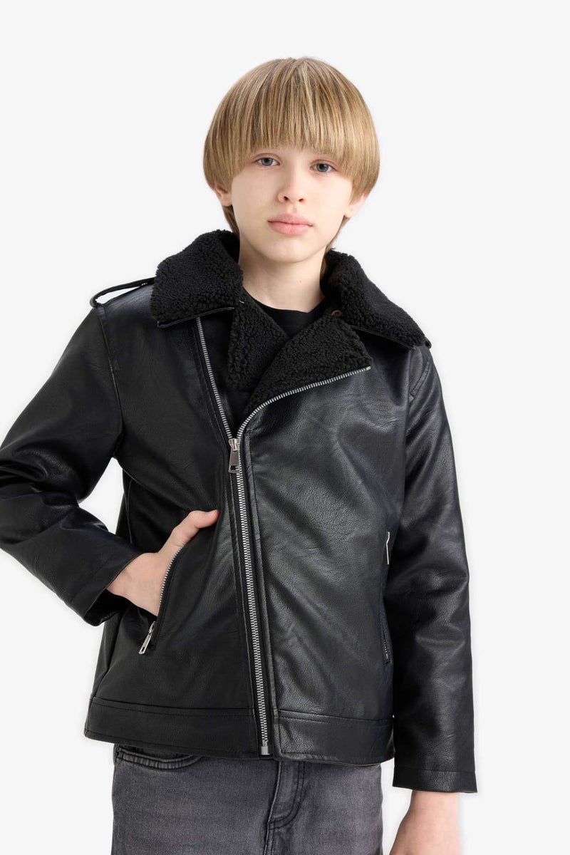 DeFacto Boy Zip-Up Water Repellent Plush Lined Faux Leather Jacket - Image 3