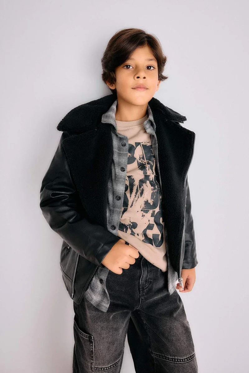 ديفاكتو Boy Zip-Up Water Repellent Plush Lined Faux Leather Jacket