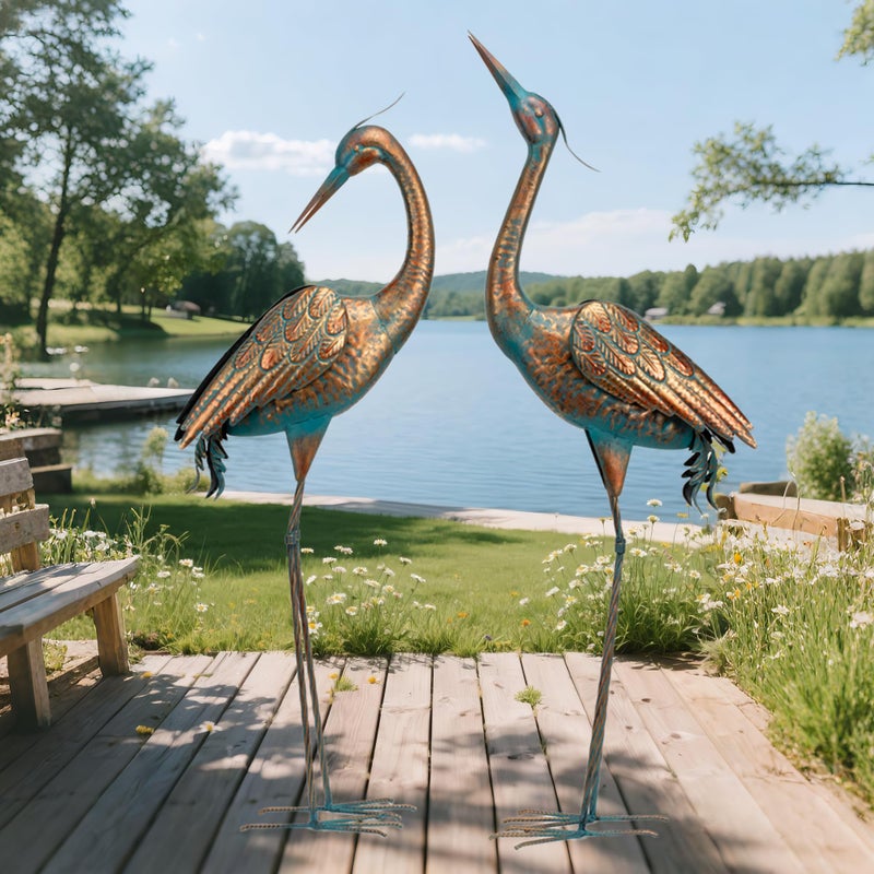 chisheen Garden Crane Statues Blue Heron Metal Yard Art Outdoor Decoration,Large Sculptures for Lawn Patio Porch,39-44 inch,Set of 2 - Image 1