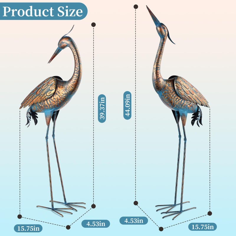 chisheen Garden Crane Statues Blue Heron Metal Yard Art Outdoor Decoration,Large Sculptures for Lawn Patio Porch,39-44 inch,Set of 2 - Image 2