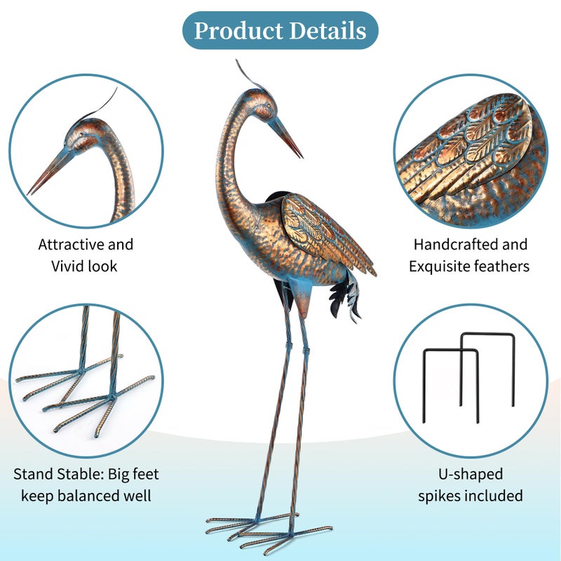 chisheen Garden Crane Statues Blue Heron Metal Yard Art Outdoor Decoration,Large Sculptures for Lawn Patio Porch,39-44 inch,Set of 2 - Image 5