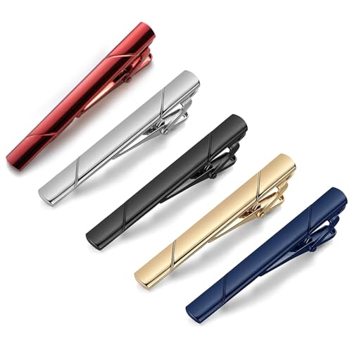 TecoKart® 5-Piece Elegant Tie Clip Set for Men – Premium Tie Pins in Black, Gold, Blue, Red, and Silver – Stylish Accessories for Weddings, Business, Casual Wear and Gifts – Comes in a Gift Box - Image 1