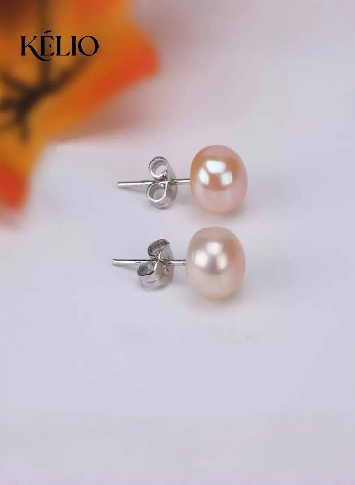 كيليو 925 الفضة الاسترلينية,أقراط اللؤلؤة الحقيقية الطبيعية للمياه العذبة,8mm (وردي) - Image 1