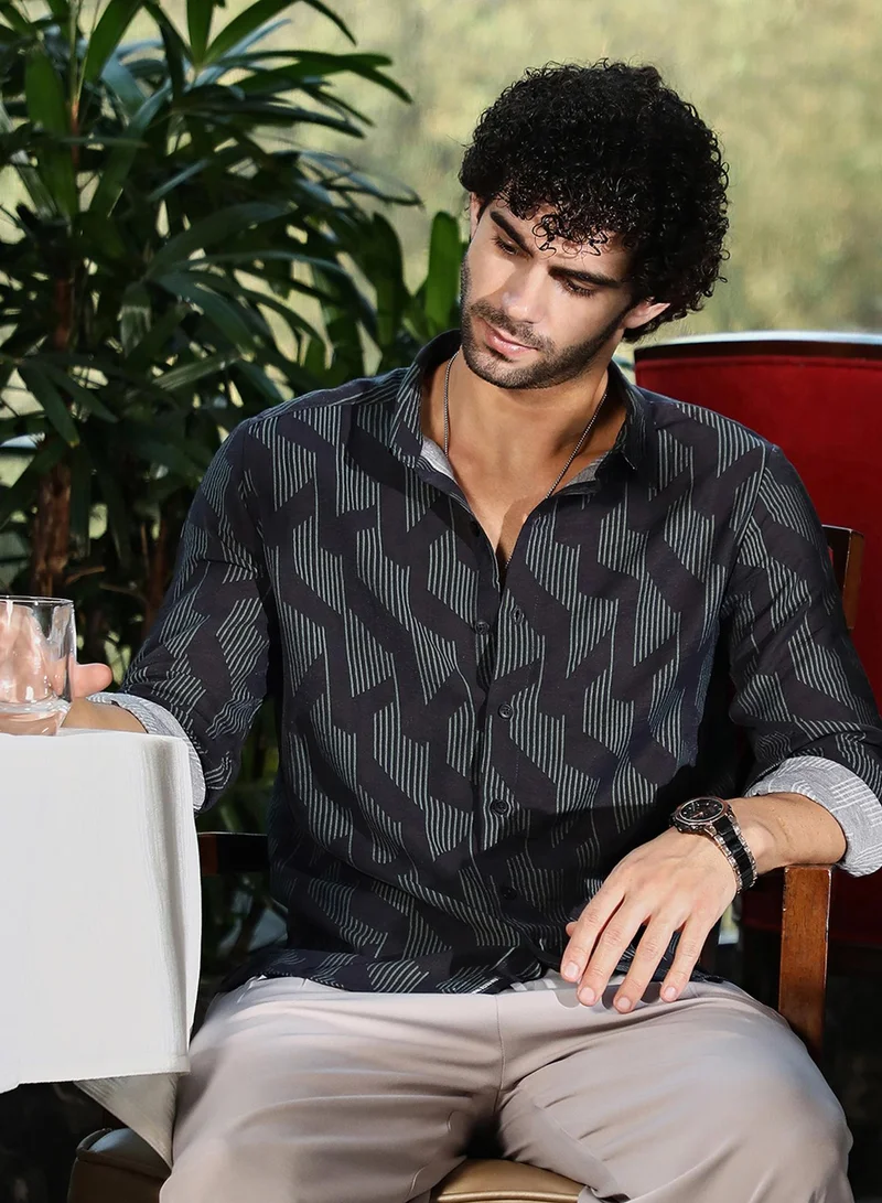 Campus Sutra Campus Sutra Men's Prussian Blue Pinstriped-Track Regular Shirt For Casual Wear | Spread Collar | Long Cuffed Sleeves | Button Closure | Shirt Crafted With Comfort Fit For Everyday Wear