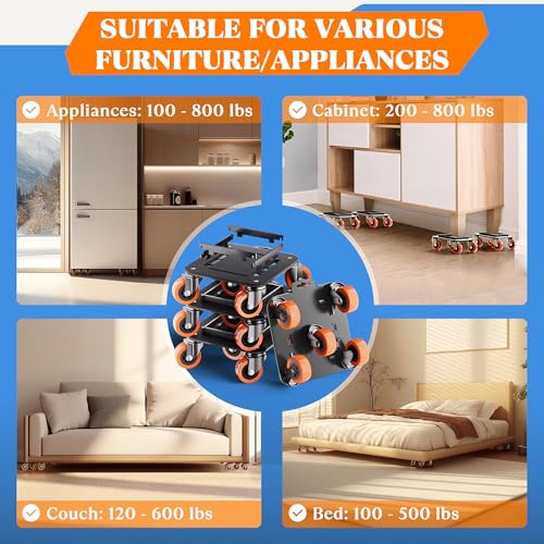 VALTAVO Furniture Movers with Wheels, Upgraded Guardrails for No Slips, Heavy Duty Furniture Dolly, Furniture Sliders with Wheels, Furniture Lifter Tool Included (Orange, 6.3" × 6.3" Pro) - Image 5