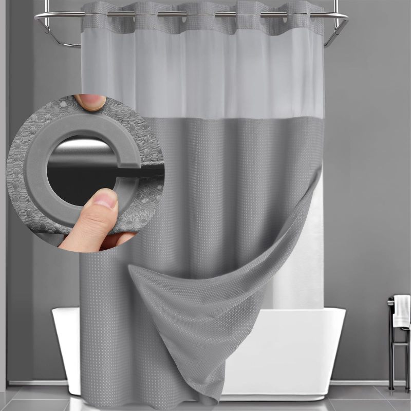 Shower Curtain 72 X 75 Inch Light Grey - Snap-On 20-Second Installation Waterproof Replaceable Liner With 2 Bottom Magnets Mesh Top Panel For Hotel Spa Style Bathroom Upgrade - Image 1