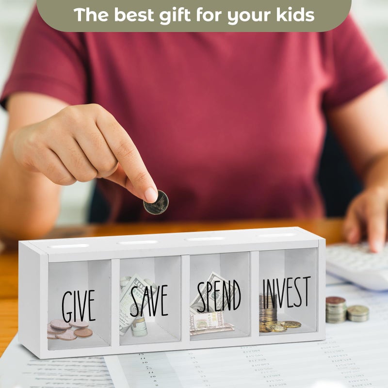 Ameuphercy Wooden Give Save Spend and Invest Money Saving Box for Kids, Countertop Kid Piggy Bank for Daily Cash, Wall-Mount Kids Banks for Bills and Coins, Visualized Piggy Bank for Living Room, Laundry Room - Image 5
