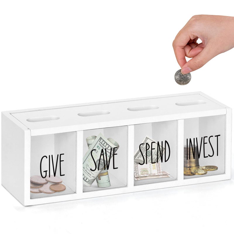 Ameuphercy Wooden Give Save Spend and Invest Money Saving Box for Kids, Countertop Kid Piggy Bank for Daily Cash, Wall-Mount Kids Banks for Bills and Coins, Visualized Piggy Bank for Living Room, Laundry Room - Image 1