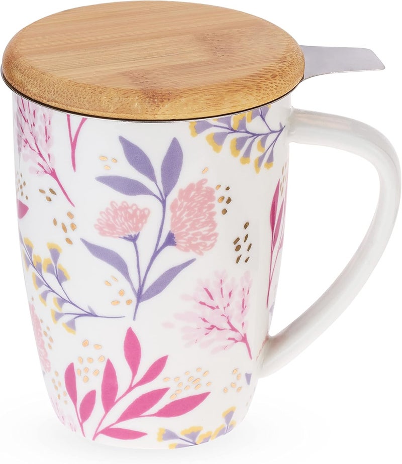 Pinky Up Bailey Ceramic Tea Mug and Loose Leaf Tea Infuser, Loose Leaf Tea Accessories, Tea Tumbler Cup, Botanical Design, 12oz - Image 1
