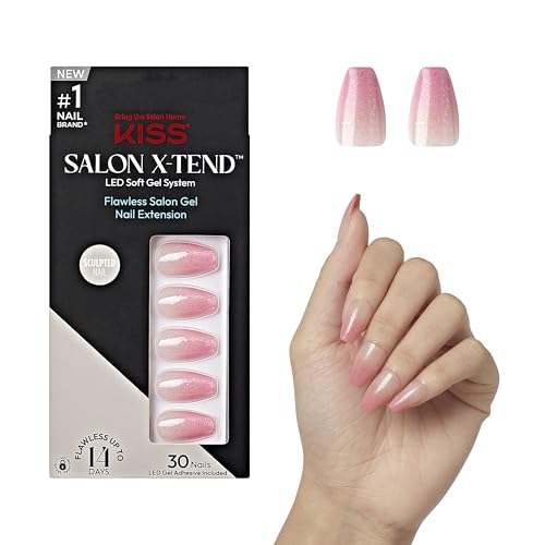 KISS Salon X-tend, Press-On Nails, Glue included, 'Detox', Medium Pink, Medium Size, Coffin Shape, Includes 30 Nails, 5Ml Led Soft Gel Adhesive, 1 Manicure Stick, 1 New Mini File, New Prep Pad - Image 1