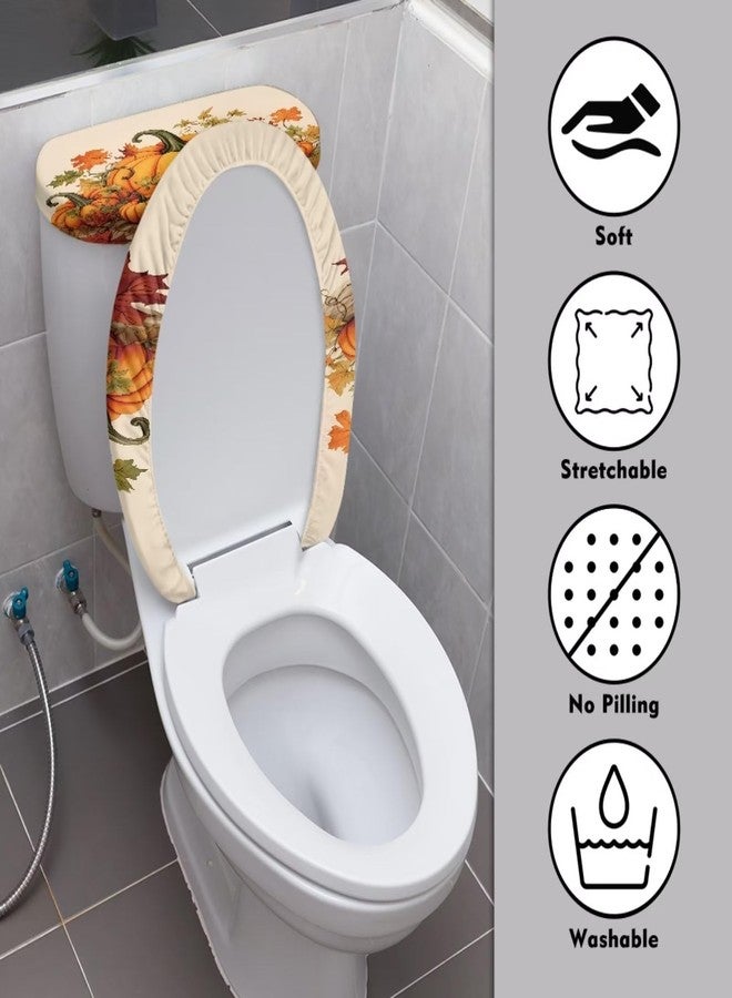 Hechitok Pumpkin Fall 2 Pieces Toilet Lid Cover Set, Stretchable Fibers Elongated Toilet Cover Fit for Most Toilet - Image 3