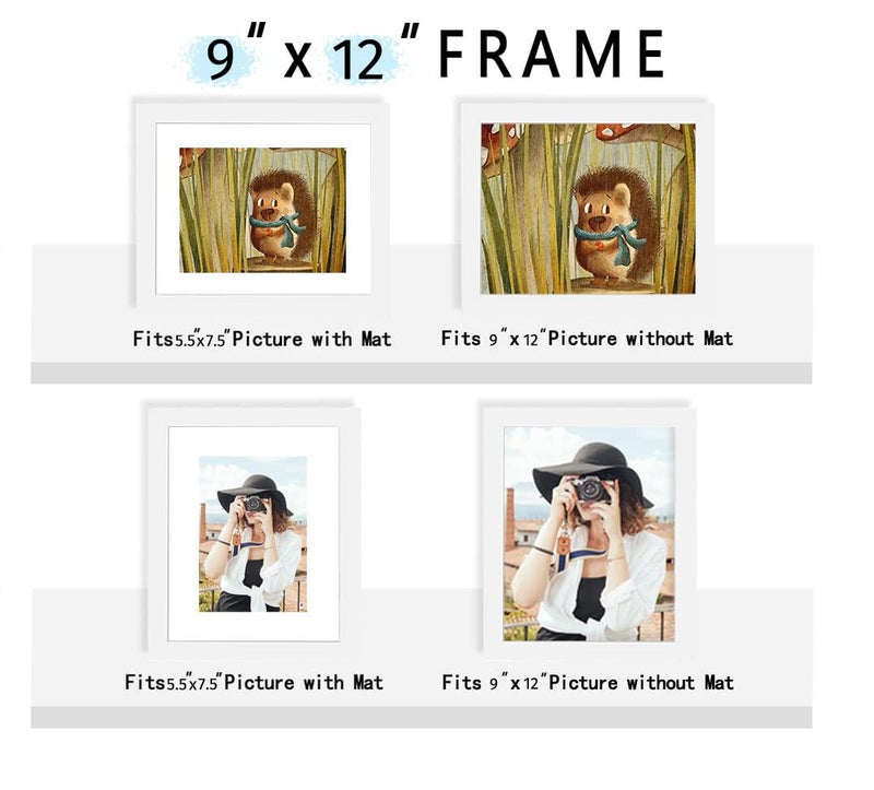 Picrit 9x12 Picture Frame Set of 12  Display 6x8 with Mat or 9x12 Without Mat  Photo Frames for Wall Mounting or Table Top Display  White. - Image 2