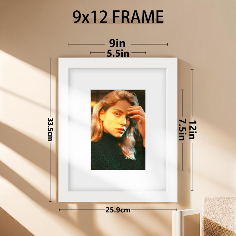 Picrit 9x12 Picture Frame Set of 12  Display 6x8 with Mat or 9x12 Without Mat  Photo Frames for Wall Mounting or Table Top Display  White. - Image 3