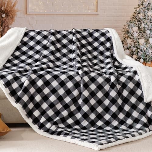 BEAUTEX Sherpa Fleece Flannel Throw Blanket, Super Soft Warm Buffalo Plaid Plush Blankets and Throws, Lightweight Cozy Fuzzy Blanket for Couch Sofa Bed (Black, Throw 50" x 60") - Image 4