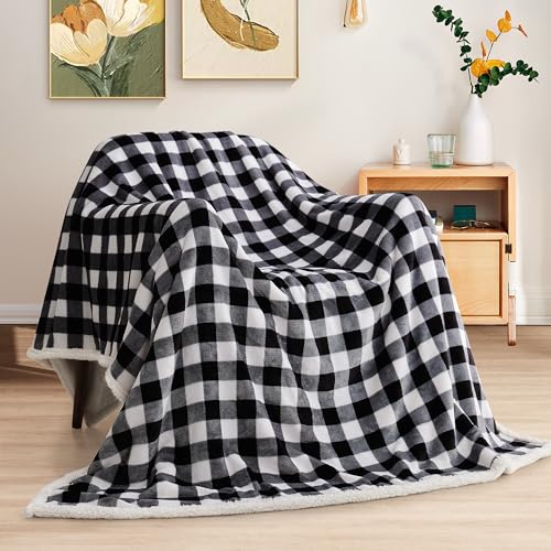 BEAUTEX Sherpa Fleece Flannel Throw Blanket, Super Soft Warm Buffalo Plaid Plush Blankets and Throws, Lightweight Cozy Fuzzy Blanket for Couch Sofa Bed (Black, Throw 50" x 60") - Image 2