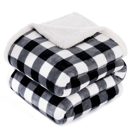 BEAUTEX Sherpa Fleece Flannel Throw Blanket, Super Soft Warm Buffalo Plaid Plush Blankets and Throws, Lightweight Cozy Fuzzy Blanket for Couch Sofa Bed (Black, Throw 50" x 60") - Image 1