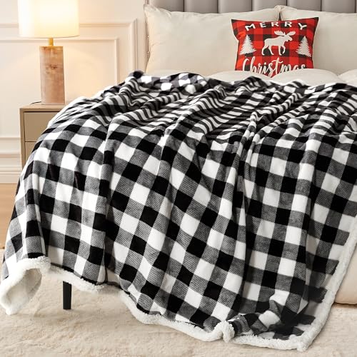 BEAUTEX Sherpa Fleece Flannel Throw Blanket, Super Soft Warm Buffalo Plaid Plush Blankets and Throws, Lightweight Cozy Fuzzy Blanket for Couch Sofa Bed (Black, Throw 50" x 60") - Image 5