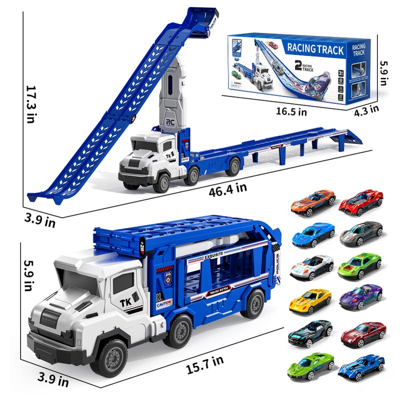 Garbo Star Transport Truck Toys for 3 4 5 6 7 Years Old Boys,Toys Cars Track Set Transporter Trucks with 12 Die-Cast Car Toys 2 Race catapults Dual-Track Model,Toddler Car Toy Set for Kids Boys Girls - Image 2