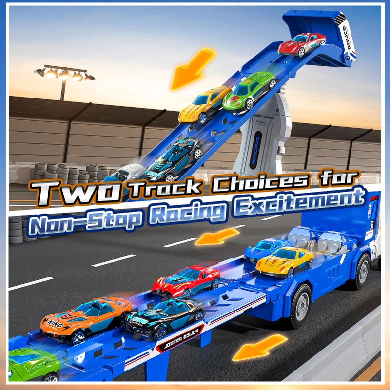 Garbo Star Transport Truck Toys for 3 4 5 6 7 Years Old Boys,Toys Cars Track Set Transporter Trucks with 12 Die-Cast Car Toys 2 Race catapults Dual-Track Model,Toddler Car Toy Set for Kids Boys Girls - Image 3