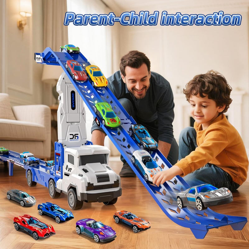 Garbo Star Transport Truck Toys for 3 4 5 6 7 Years Old Boys,Toys Cars Track Set Transporter Trucks with 12 Die-Cast Car Toys 2 Race catapults Dual-Track Model,Toddler Car Toy Set for Kids Boys Girls - Image 4