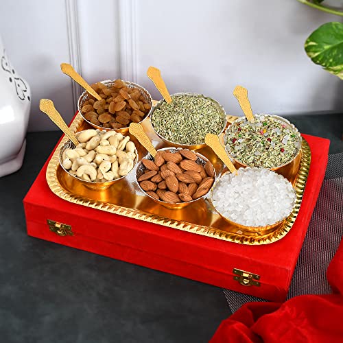 Piepot Gold-Silver Plated Bowl Set | Round Shape | Set of 13 Pcs 6 Bowl, 6 Spoons, 1 Tray & Red Velvet Box | Decorative Bowl and Spoon Set | Ideal for Diwali, Wedding & Corporate Gifting - Image 1