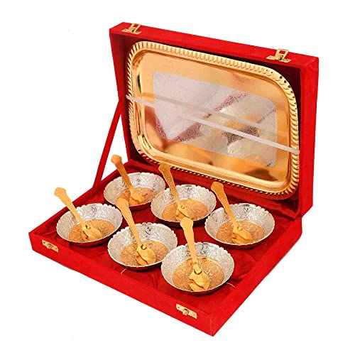 Piepot Gold-Silver Plated Bowl Set | Round Shape | Set of 13 Pcs 6 Bowl, 6 Spoons, 1 Tray & Red Velvet Box | Decorative Bowl and Spoon Set | Ideal for Diwali, Wedding & Corporate Gifting - Image 3