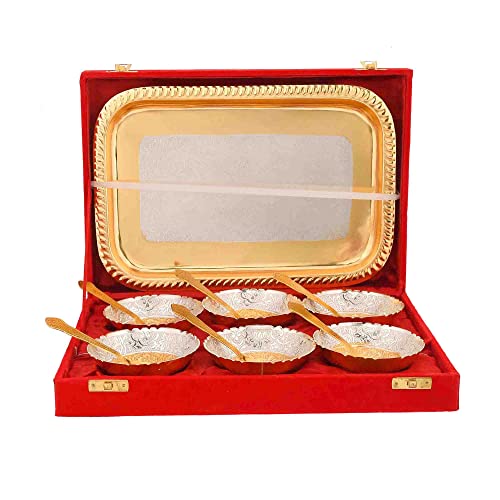 Piepot Gold-Silver Plated Bowl Set | Round Shape | Set of 13 Pcs 6 Bowl, 6 Spoons, 1 Tray & Red Velvet Box | Decorative Bowl and Spoon Set | Ideal for Diwali, Wedding & Corporate Gifting - Image 2