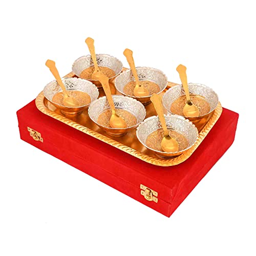 Piepot Gold-Silver Plated Bowl Set | Round Shape | Set of 13 Pcs 6 Bowl, 6 Spoons, 1 Tray & Red Velvet Box | Decorative Bowl and Spoon Set | Ideal for Diwali, Wedding & Corporate Gifting - Image 4