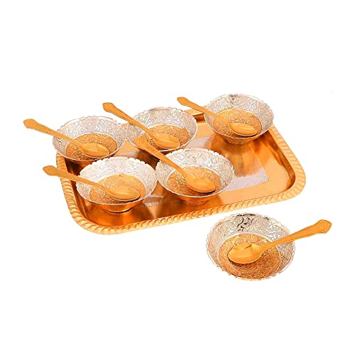 Piepot Gold-Silver Plated Bowl Set | Round Shape | Set of 13 Pcs 6 Bowl, 6 Spoons, 1 Tray & Red Velvet Box | Decorative Bowl and Spoon Set | Ideal for Diwali, Wedding & Corporate Gifting - Image 5