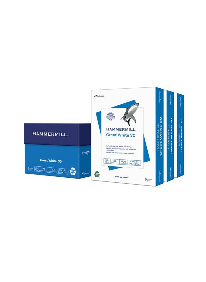 Hammermill Printer Paper, Great White 30% Recycled Paper, 8.5 x 11-3 Ream (1,500 Sheets) - 92 Bright, Made in the USA, 086820C - Image 1