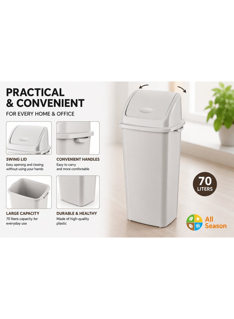 Planet Swing Lid Trash Bin 70 Liters Heavy-Duty Plastic Push-Operated Removable Top Side Handles Kitchen Office Shop 35 × 25 × 70 cm (Light Grey) - Image 5