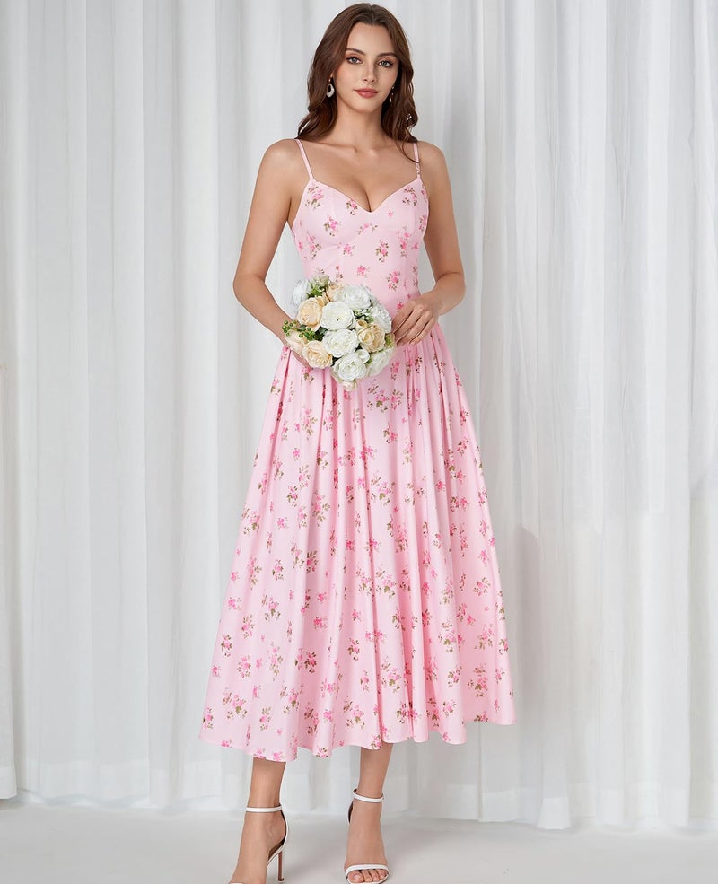 GLNEGE Women's Floral Corset Midi Dress Summer Wedding Guest Flowy Dresses V Neck Lace Up Tea Party Milkmaid Ruffle Sundress - Image 4