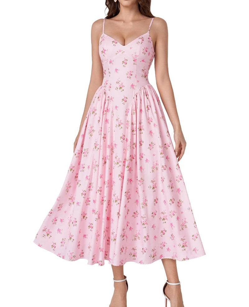 GLNEGE Women's Floral Corset Midi Dress Summer Wedding Guest Flowy Dresses V Neck Lace Up Tea Party Milkmaid Ruffle Sundress - Image 1