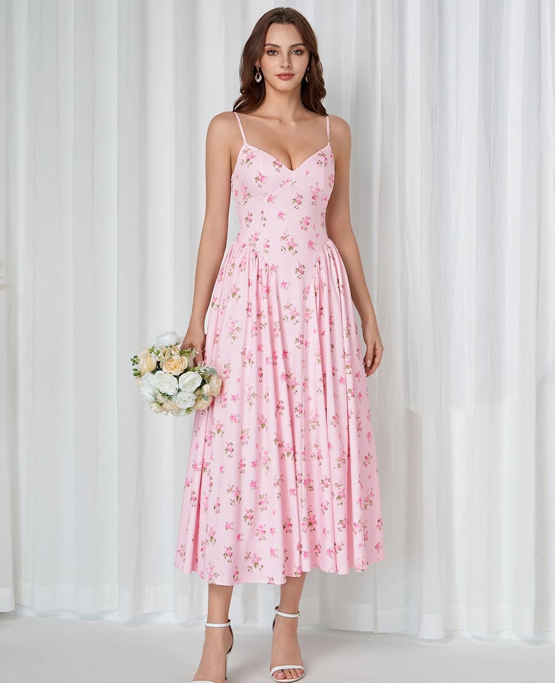 GLNEGE Women's Floral Corset Midi Dress Summer Wedding Guest Flowy Dresses V Neck Lace Up Tea Party Milkmaid Ruffle Sundress - Image 5