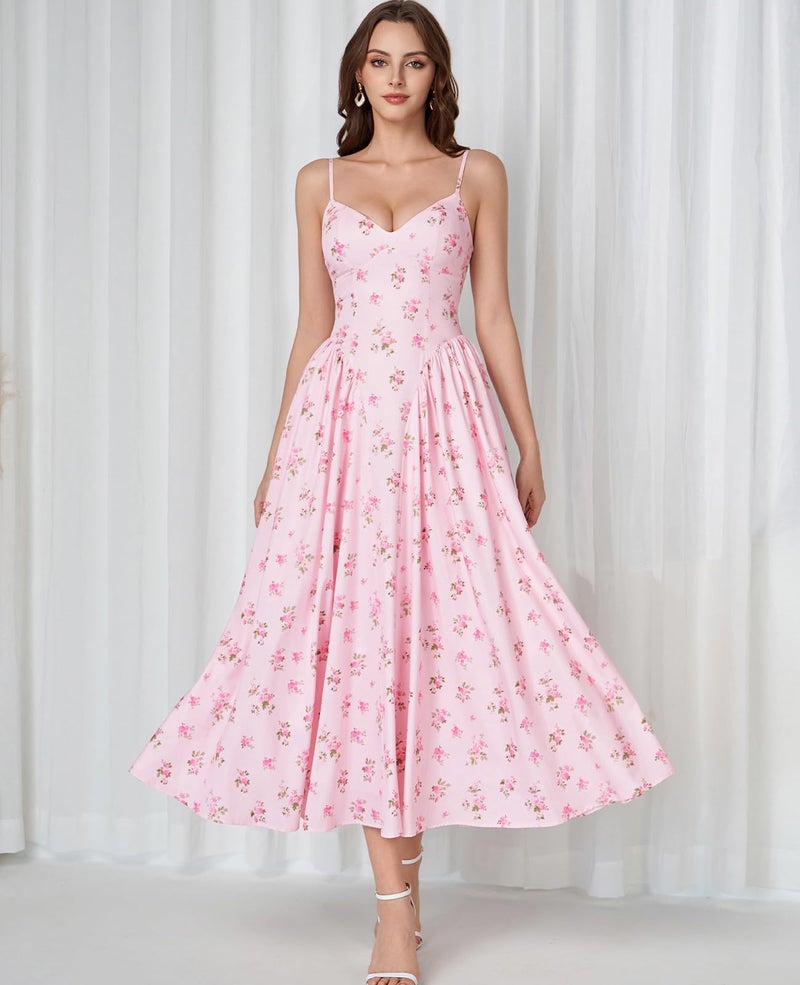 GLNEGE Women's Floral Corset Midi Dress Summer Wedding Guest Flowy Dresses V Neck Lace Up Tea Party Milkmaid Ruffle Sundress - Image 2